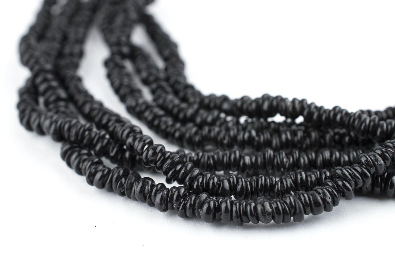 The Bead Chest Black 4mm Glass Heishi Beads - 23" Strand of Indonesian Java Spacer Beads for Crafts & Jewelry Making